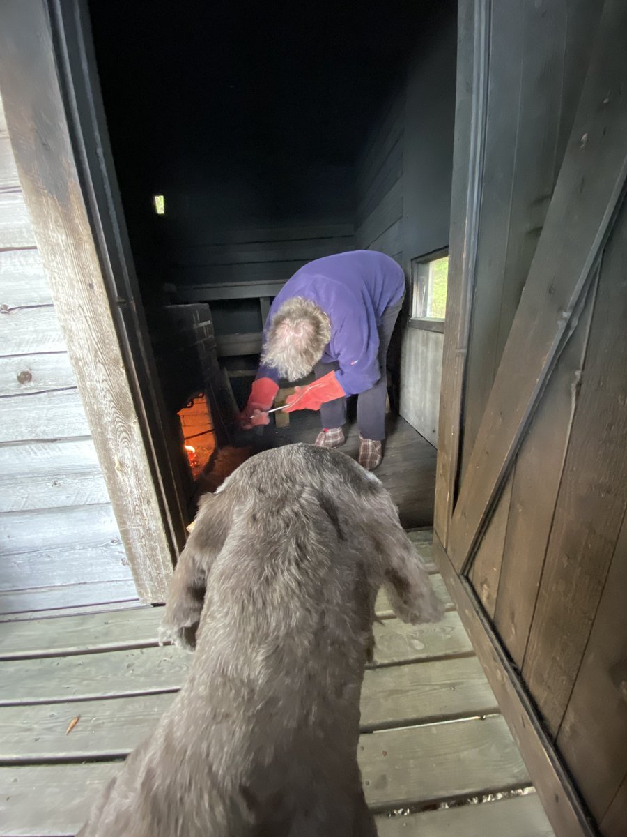 Nyt on vakava paikka! 
Mummi on saunatonttuna ja lämmittää savusaunaa. Nahkat on ihan innoissaan tästä saunapalvin hajuisesta saunasta. 
Jonkun näitä hulluja on vahdittava 👀