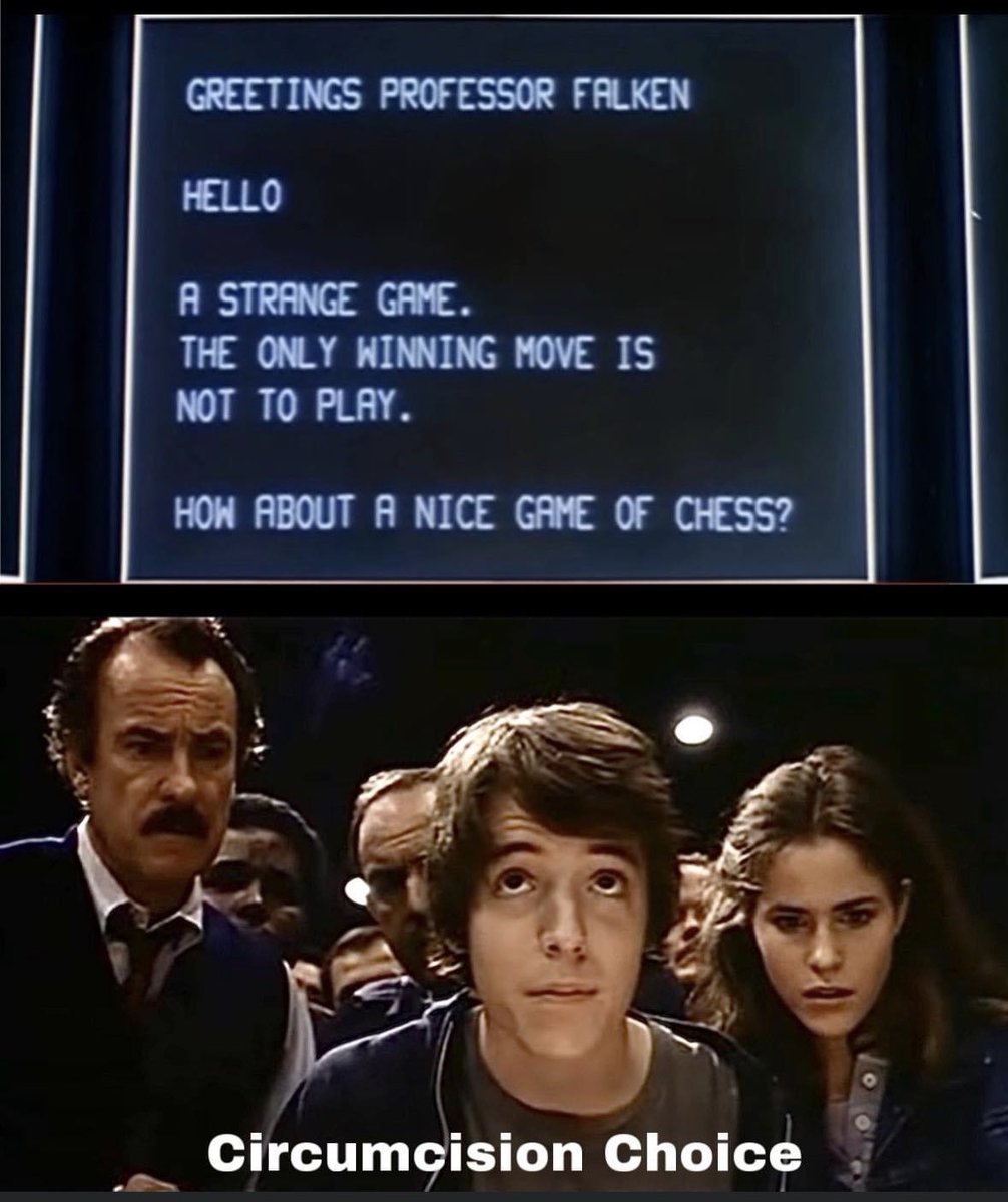 Today is the 40th anniversary of #WarGames, a movie in which a military supercomputer explained how to deal with #intactivism.

#MatthewBroderick #DabneyColeman #AllySheedy #GlobalThermonuclearWar #TheOnlyWinningMoveIsNotToPlay #Chess #HowAboutANiceGameOfChess
