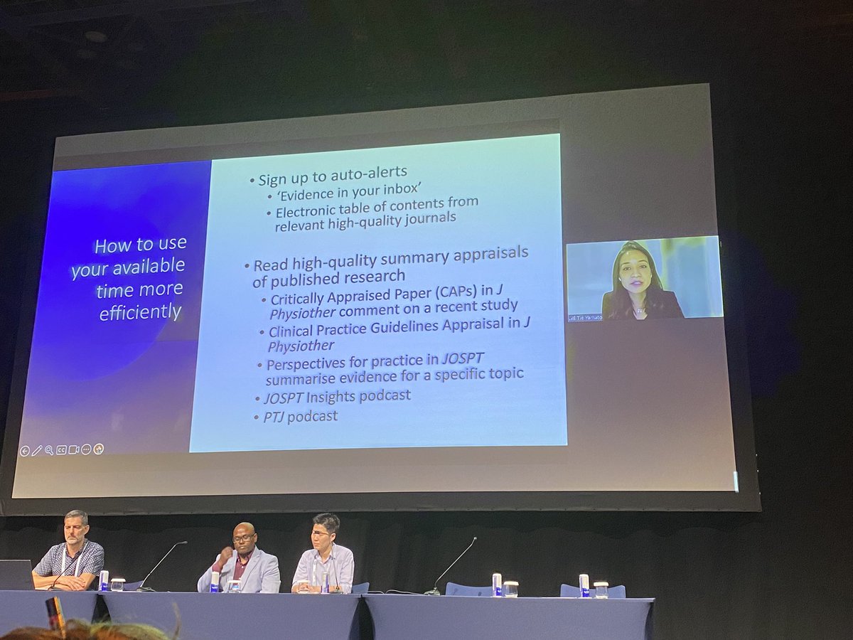 #WorldPhysio2023 session on addressing barriers to evidence-based #physiotherapy introduced by <a href="/JoP_Editor/">.</a> with <a href="/tieparma/">Tie Parma Yamato</a> giving tips for overcoming the barrier of limited time.
