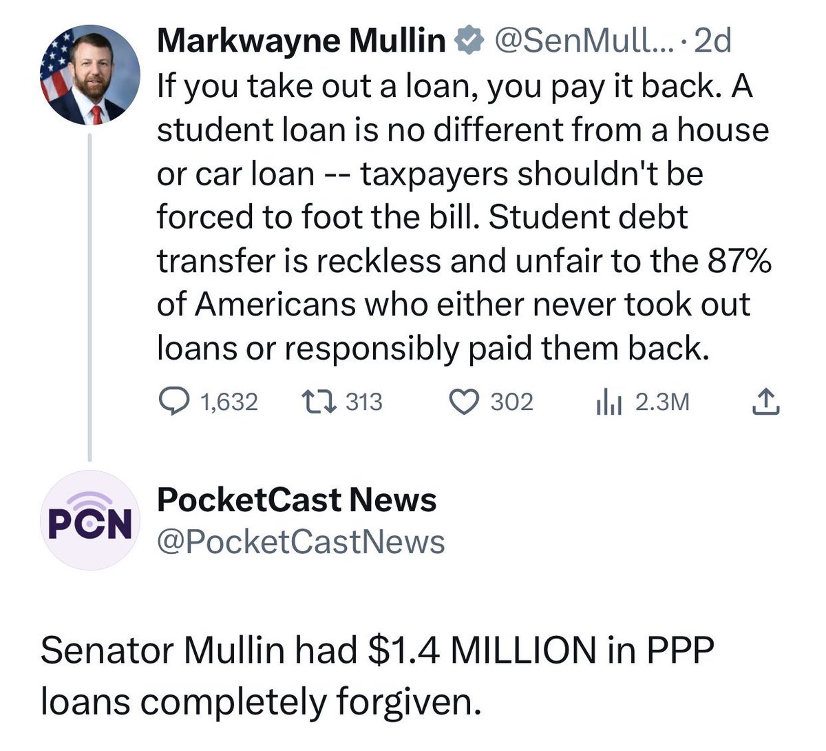 This is who @MarkwayneMullin @SenMullin is. He expects YOU to pay back YOUR loan but doesn’t think HE should have to pay back HIS loan. #MarkwayneMullin #GOPHypocrisy