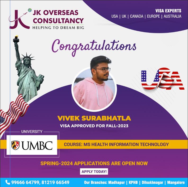 Hearty Congratulations to Vivek Surabhatla for getting the Visa Approval for Fall 2023 for University #UniversityofMarylandBaltimoreCounty - #USA. #Spring2024 #ApplicationsOpen! #ApplyNow

#JKOverseas #StudyUSA #Congratulations #VisaApproved #UMBC #MS #HealthInformationTechnolgy