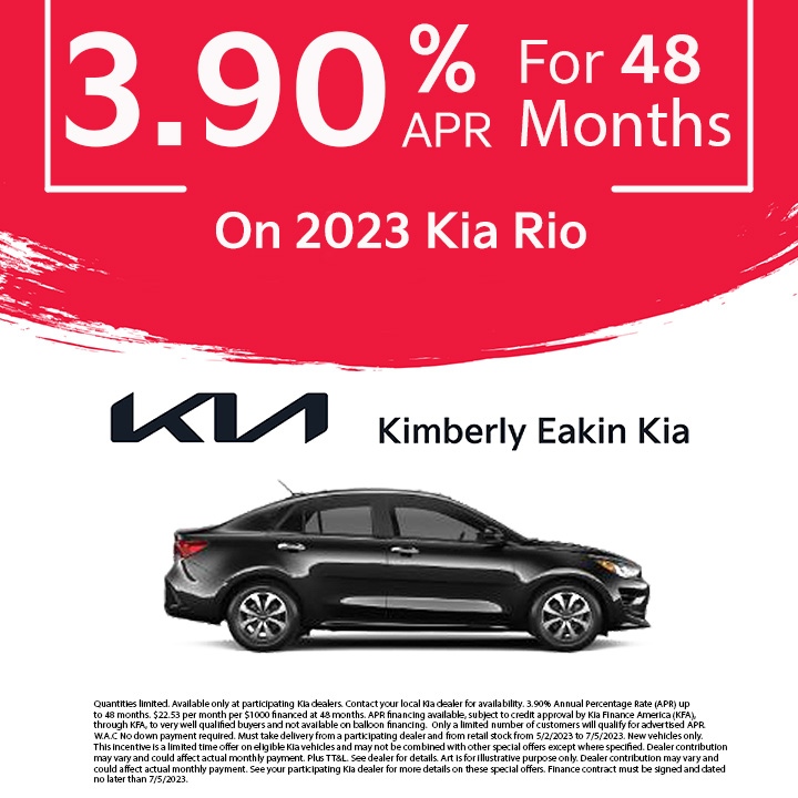 ☀️ Start your summer off right in a new
2023 #Kia #Rio! Now at #KimberlyEakinKia get
LOW ➡️ 3.90% APR ⬅️ for 48/months! 

🖥️ Start shopping here: bit.ly/3MFRwvm 
#KimberlyEakinKia #Lufkin #LufkinTX 
#NewRide #Kia #KiaMotors #RoadTripReady