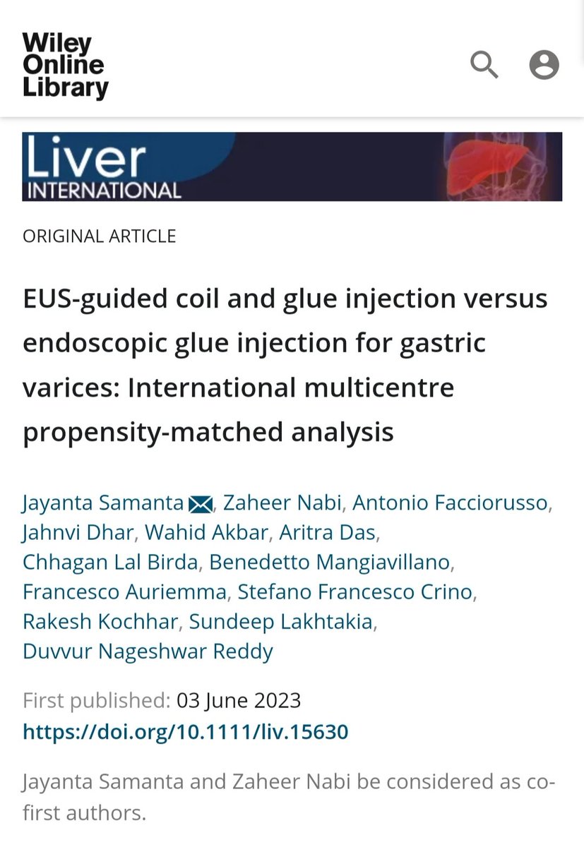 Jahnvi Dhar (@dharjahnvi) on Twitter photo Our latest article online in <a href="/LiverInt/">Liver International</a> ๐ฅฐ
"EUS-guided coil and glue injection versus endoscopic glue injection for gastric varices: International multicentre propensity-matched analysis"
EUS CG vs E-CYA
4 acad tertiary ๐ฅ (2 ๐ฎ๐ณ , 2 ๐ฎ๐น)
PM matched
โ
โฌ๏ธ CS (obliteration 4 Our latest article online in <a href="/LiverInt/">Liver International</a> ๐ฅฐ
"EUS-guided coil and glue injection versus endoscopic glue injection for gastric varices: International multicentre propensity-matched analysis"
EUS CG vs E-CYA
4 acad tertiary ๐ฅ (2 ๐ฎ๐ณ , 2 ๐ฎ๐น)
PM matched
โ
โฌ๏ธ CS (obliteration 4