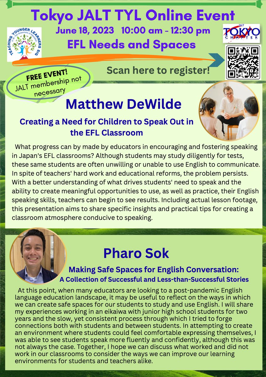 Have you heard? The Teaching Younger Learners SIG is having an online event on June 18. You are invited. See the flier for details: