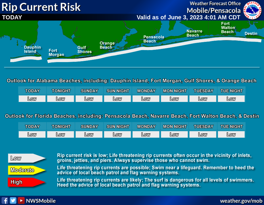 🌴 Planning on enjoying the weather at the beach this weekend?

⚠️ The local #RipCurrent Risk remains LOW for coastal Alabama and northwest Florida beaches this weekend!

🌴Be #BeachSmart weather.gov/beach