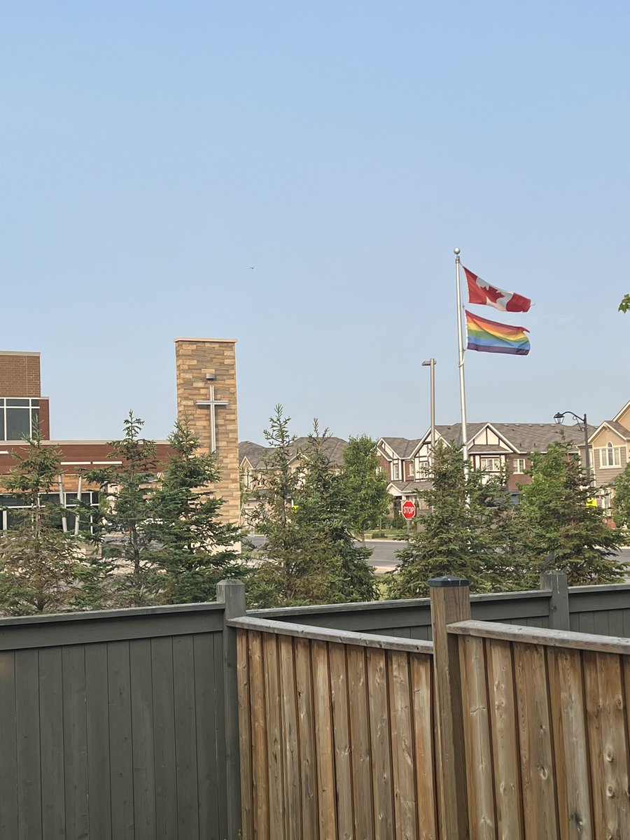 Well when we moved here I was joking we would have to put rainbow 🌈 flag in our backyard. Well I guess it won’t be needed! This is an elementary catholic school. This flag makes more then just the students feels comfortable, it makes a community feel welcome!