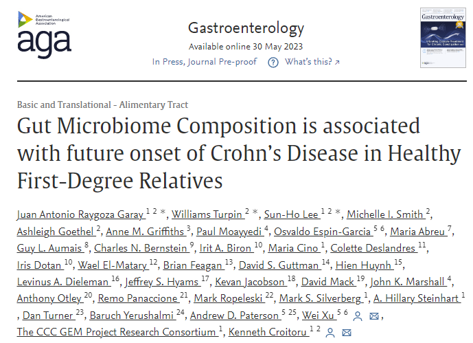 1/n On behalf of co-authors, excited to share our new @The_GEMProject Study @AGA_Gastro, which shows evidence for the first time that gut microbiome composition is associated with future risk of Crohn’s disease in a prospective cohort following 3483 healthy first-degree relatives