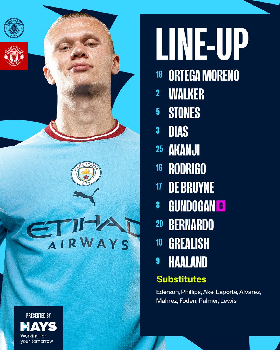 City's FA Cup final line-up 💪

XI | Ortega Moreno, Walker, Stones, Dias, Akanji, Rodrigo, De Bruyne, Gundogan (C), Bernardo, Grealish, Haaland

SUBS | Ederson, Phillips, Ake, Laporte, Alvarez, Mahrez, Foden, Palmer, Lewis

#ManCity | <a href="/HaysWorldwide/">Hays Worldwide</a>