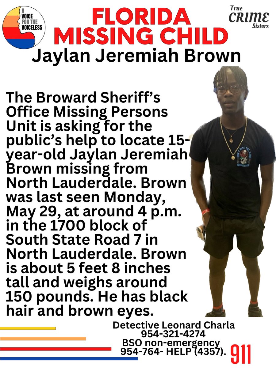 PLEASE‼️It only takes one second to share this #missing person. The willing and able can make a difference. 💙❤️🧡💛 The Broward Sheriff’s Office Missing Persons Unit is asking for the public’s help to locate 15-year-old #JaylanJeremiahBrown missing from #NorthLauderdale.…
