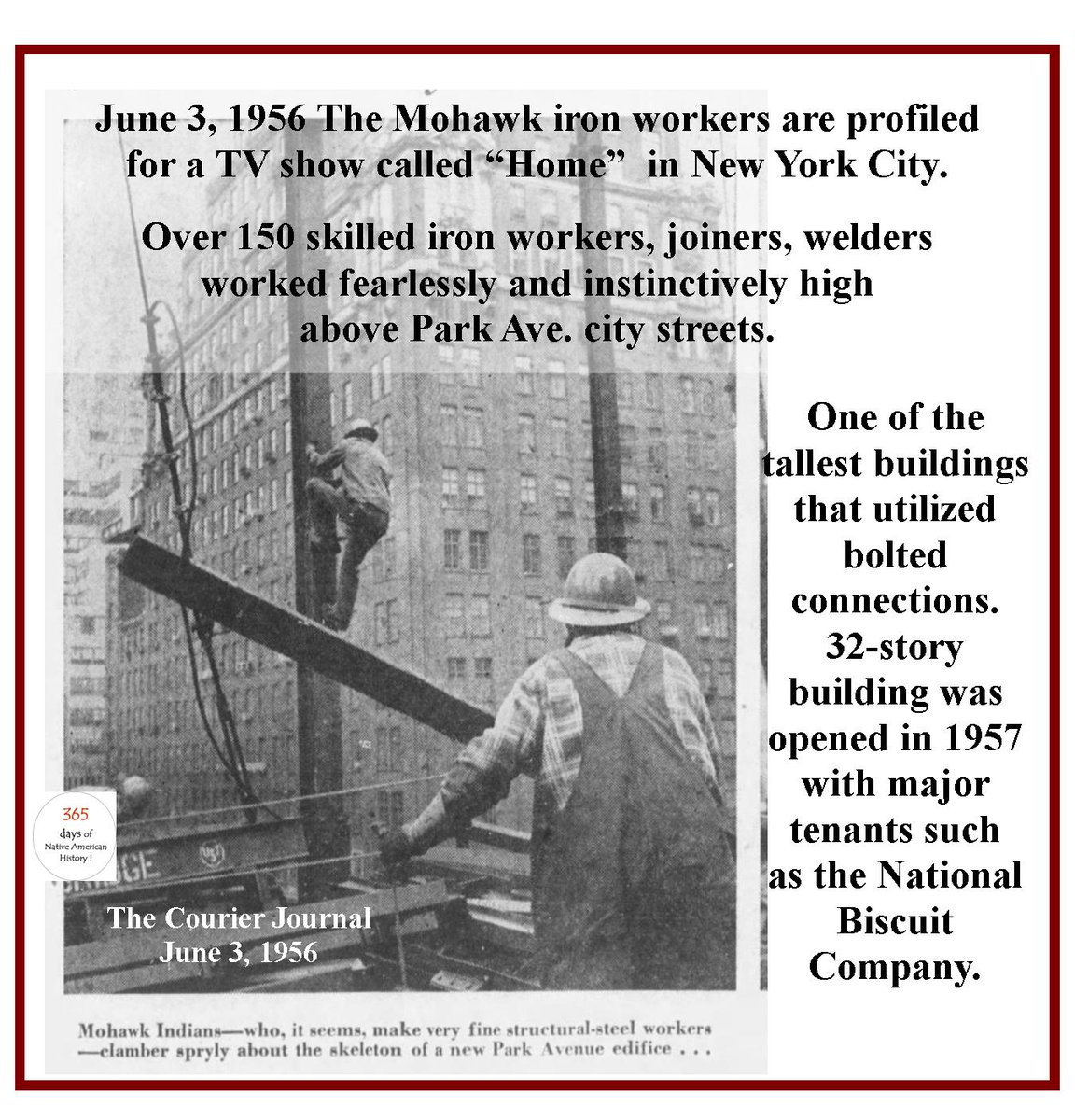 #todayinnativeamericanhistory 1956, the #mohawk #ironworkers are profiled in a TV show while they build a high-rise buildings on #parkave 

#365daysofwalkingtheredroad