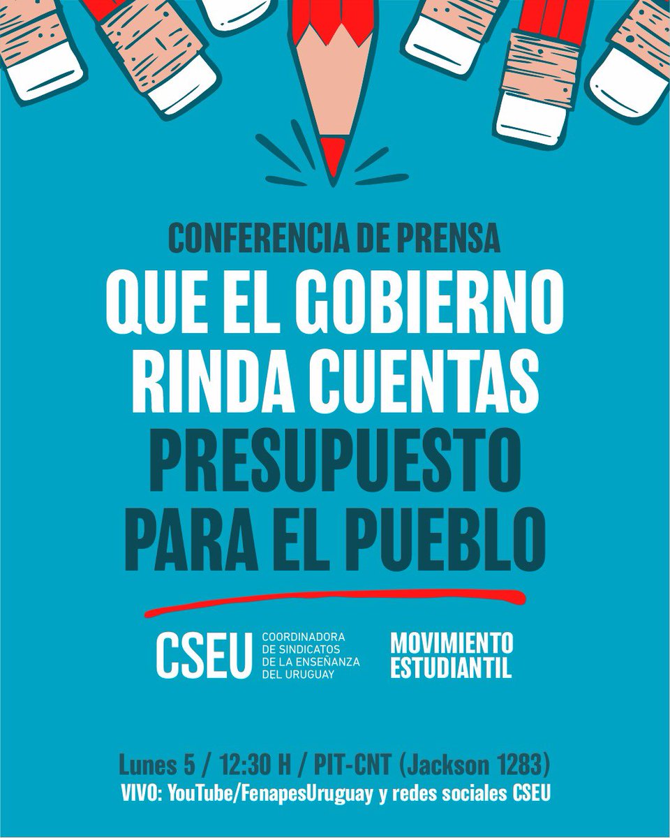FenapesUruguay's tweet photo. LUNES
Conferencia de prensa de la CSEU y el Movimiento Estudiantil. 

📣 Que el gobierno rinda cuentas. Presupuesto para el pueblo.

📍Pit-Cnt • 12:30 • Vivo por redes CSEU https://t.co/WqqqTCbNSQ