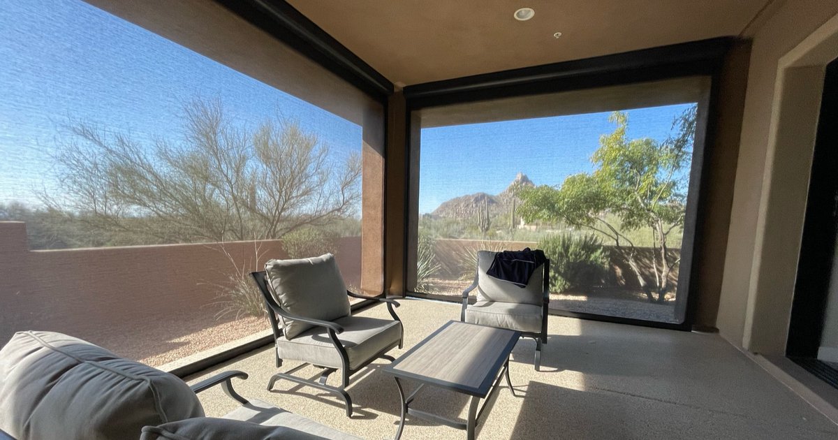 With All Pro's best-selling patio shades, you can still enjoy a breathtaking view through the extended indoor space: bit.ly/3F8X0wH 
 
#ShadeSolutions #Awnings #PatioShades #SunScreens #Phoenix #Arizona #MotorizedPatioShades #PatioShadeIdeas #HomeIdeas