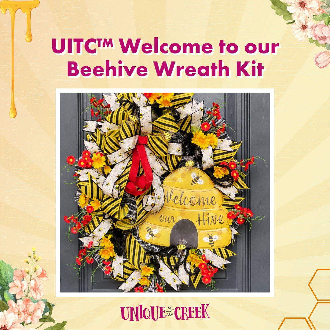 Add a buzz-worthy decoration to your home! 🐝 Our 'Welcome to our Hive' Wreath Kit is still in stock, waiting to sweeten your summer decor. 

Get your UITC™ Wreath Kits now 👇
go.uniqueinthecreek.com/all-kits

#UITC #summerdecor #summerdecorating #wreath #wreathmakers #DIY