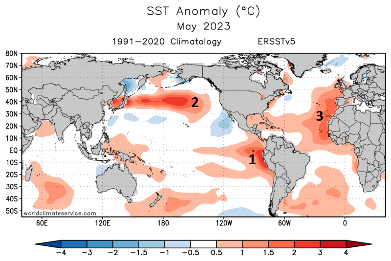 WorldClimateSvc's tweet image. Three notable areas of unusual warmth in the May SST data:
(1) emerging El Niño
(2) mid-latitude N Pacific (negative PDO)
(3) east Atlantic warmth from the tropics to the UK

Number 3 may be the most striking - the area of record (1950-present) warmth is now very large.