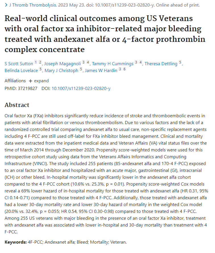 PCC_PharmD's tweet photo. New retrospective study of andexa vs 4PCC for Xa reversal among VA pts showing a large decrease in in-hosp mortality with andexa (10.6% vs 25.3%). However, some large differences in baseline characteristics btwn groups notably the apixaban/LMWH numbers
https://t.co/4LenLoTTjk https://t.co/Tu4eaygVKk