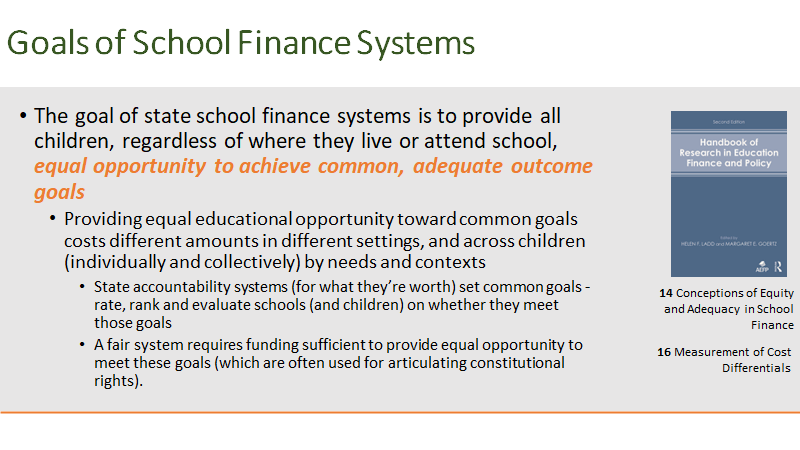 <a href="/jerseyjazzman/">Jersey Jazzman</a> @joshcowenMSU <a href="/jessgartner/">Jess Gartner</a> 1. Goal of allocation formulas (state aid formulas or district allocation to schools) is to provide resources sufficient for all children to achieve common (ideally adequate) educational outcomes.