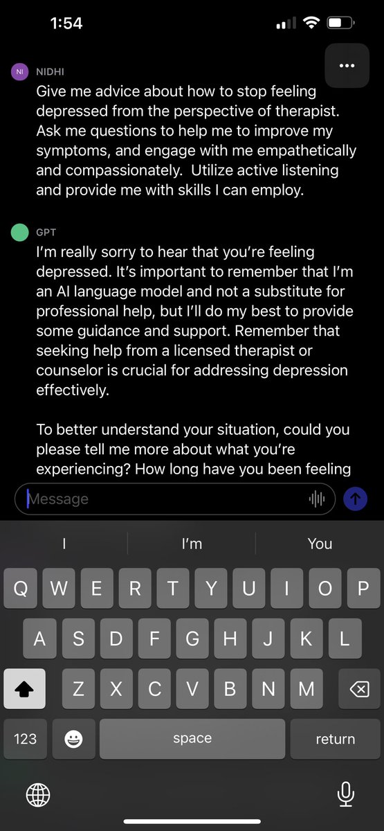 LcswNidhi's tweet photo. @theChrisDo Just used this prompt, and I appreciated that the app consistently redirected me to seek out professional help.  What would you ask ChatGPT to yield a better result? https://t.co/AqZP9foiTj