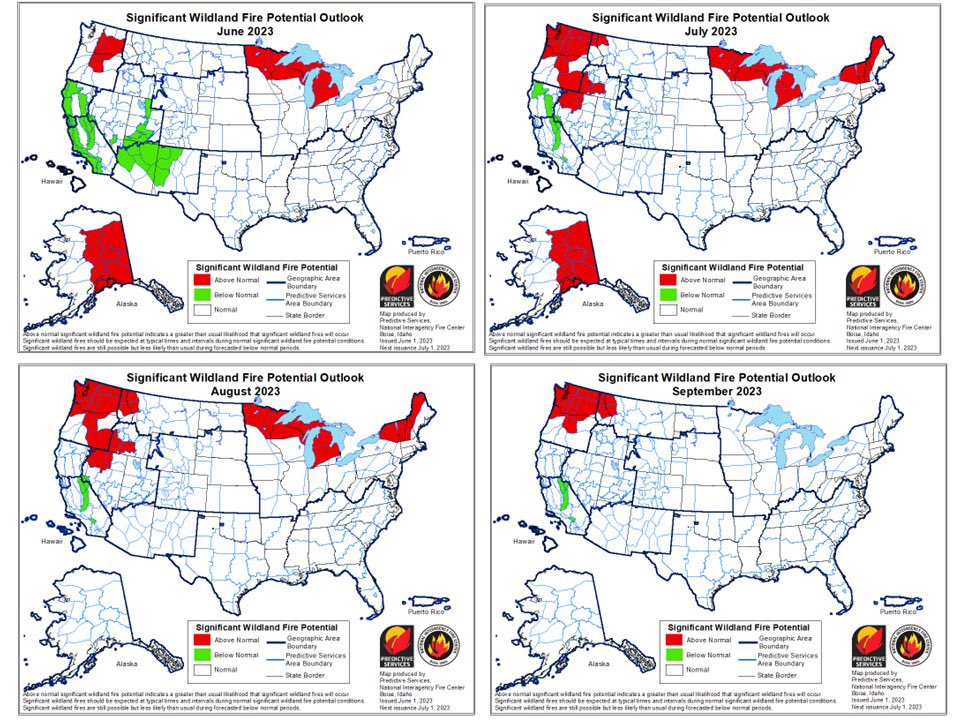 ForestServiceSW's tweet image. Learn about wildland fire potential in across the country. ow.ly/jTem50OERUQ. Predictive Services at the National Interagency Fire Center released the four-month wildland fire potential outlook for June - September. 

#fireyear2023 #predictiveservices #wildfire