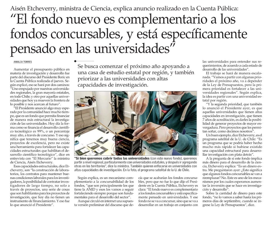 Las universidades son actores claves para el desarrollo del país. Excelentes noticias <a href="/GabrielBoric/">Gabriel Boric Font</a> @aisen_ministra <a href="/cgainza/">Carolina Gainza</a> <a href="/min_ciencia/">Ministerio de Ciencia</a> !!

#CuentaPública2023