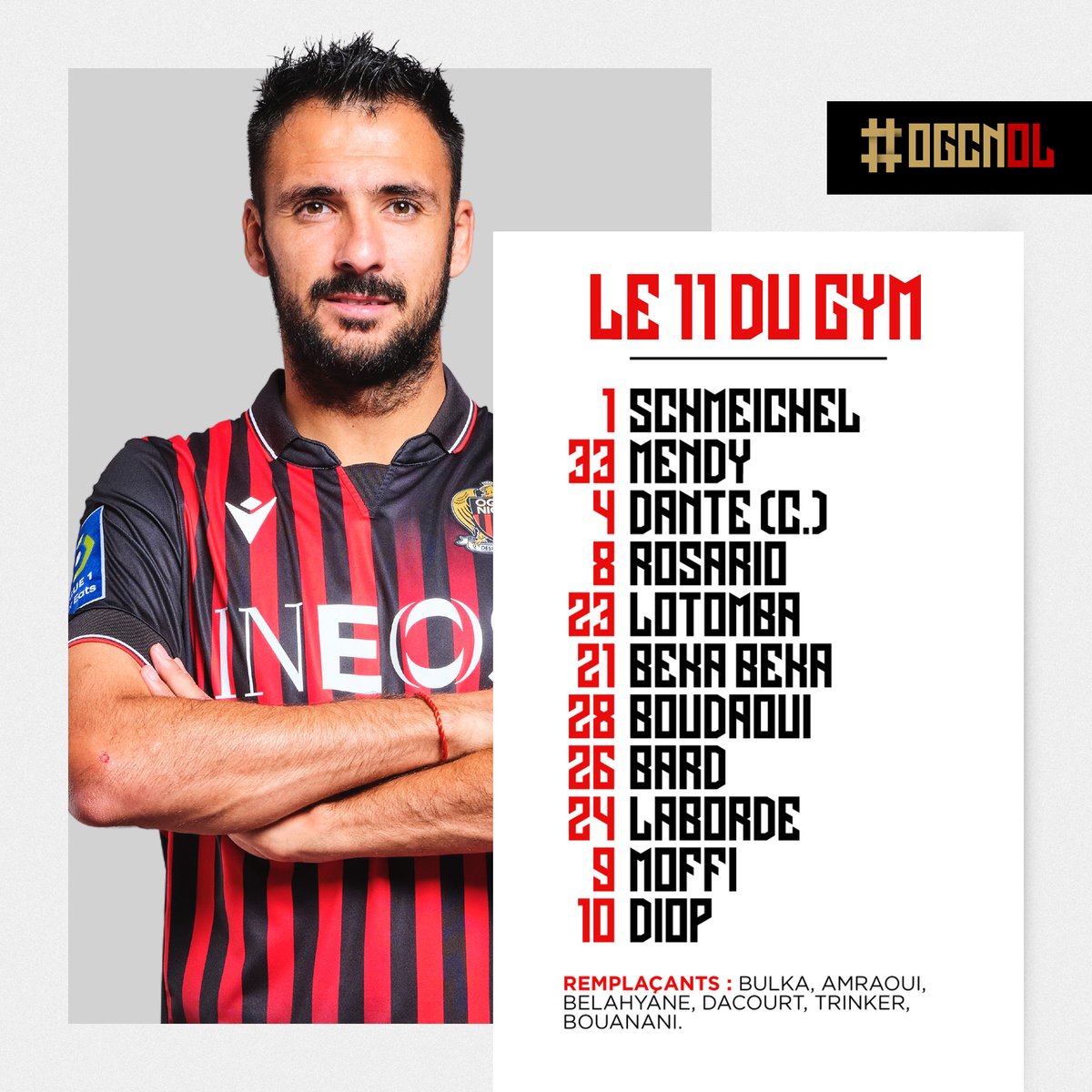 Voici le 1⃣1⃣ niçois pour affronter Lyon 🔴⚫️

#OGCNice #OGCNOL