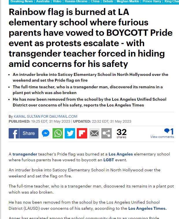 Based parents 👍🏻 archive.is/#Pride2023 #PrideMonth#PrideFlagBurned
#TransgenderTeacherSafety
#LAUSDSchoolControversy
#ParentalProtest
#LGBTEducationDebate
#HateCrimeInvestigation
#PrideAssemblyBoycott
#SaticoyElementary
#SchoolVandalism
#LGBTQInclusivityInSchools
