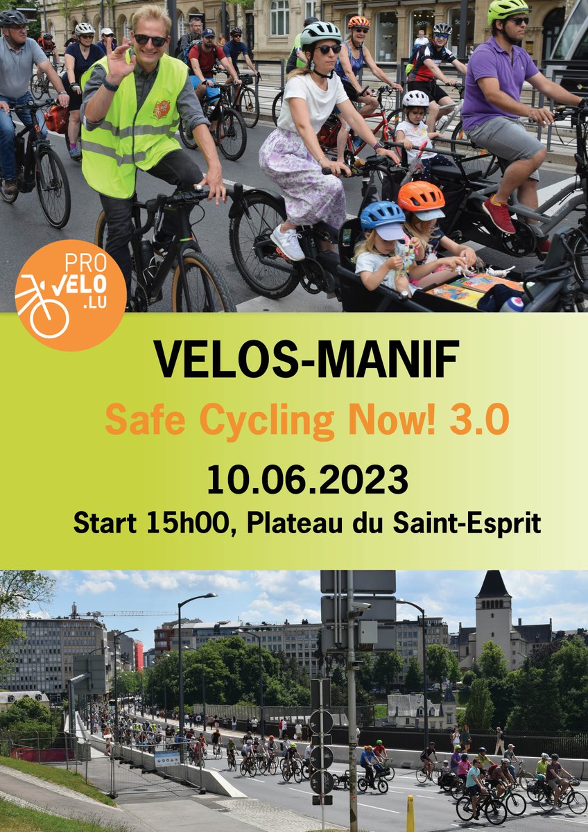 Kommt och dir op eis grouss Velosmanif Samschdes den 10.06.2023 um 15h00 mat départ um plateau St esprit. Zesummen fuere mir duerch Stad fir endlech secher Velosinfrastruktur ze kreien a nët nëmmen Verspriechungen