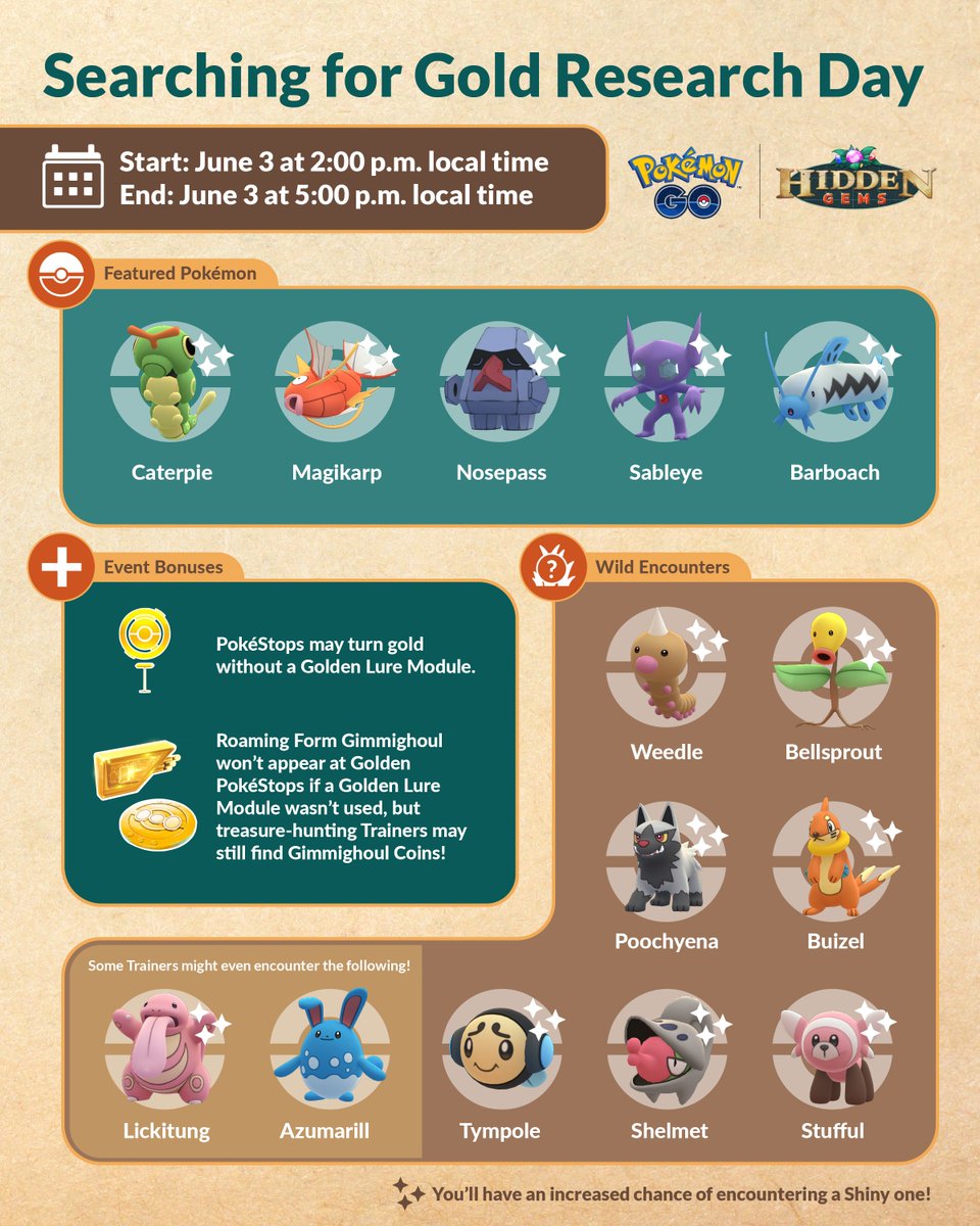 You’re in for a glittering afternoon, Trainers—Searching for Gold Research Day has begun!

pokemongolive.com/post/gold-rese…

#HiddenGems