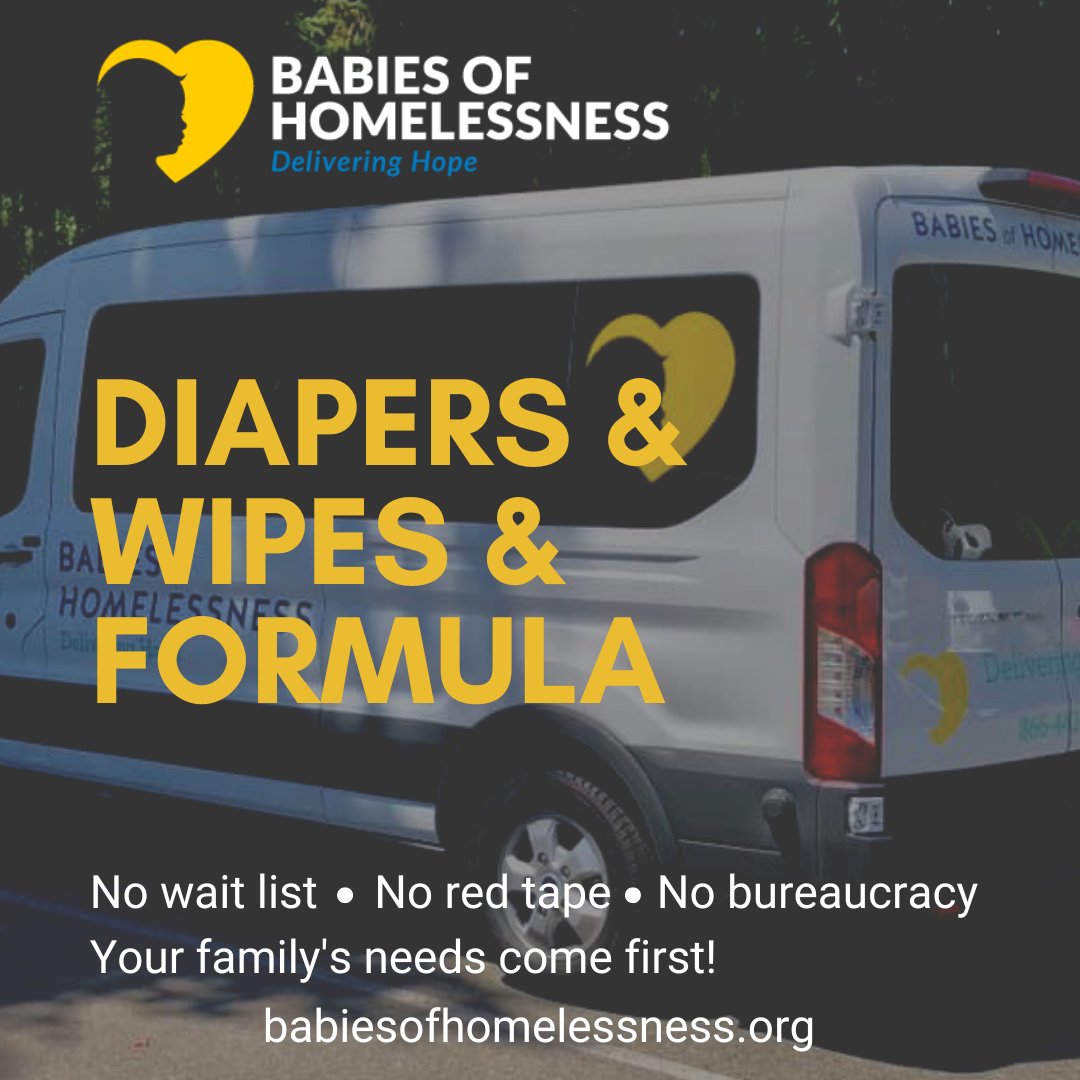 If you need diapers, wipes, or formula, give us a call at 866-442-6443 to place an order. We'll ensure these essentials are delivered to you for free within 72 hours, whether you're in a shelter, car park, RV, or couch-surfing. Let us provide the support you & your baby deserve.