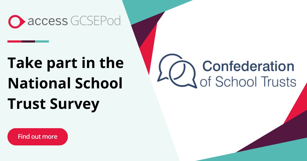 GCSEPod's tweet photo. The second annual National School Trust Survey is being launched in June by the @CSTvoice in partnership with Edurio.

The survey aims to shed light on trusts’ key priorities and potential challenges and is open to every trust in England.

Find out more
🔗https://t.co/AuQwUlGaYm https://t.co/0Fdexr4Nfi