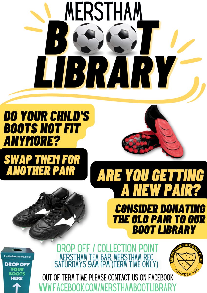 mersthamboots's tweet photo. We are a #merstham based football boot swap/borrow/donate scheme with a growing selection of boots in various sizes so if you are looking for some boots drop us a message or pop down. Spread the word! @reigatebanstead @GreenKnight2010 @AliceOswell @MersthamHub @BBCSurrey https://t.co/MGVndF9yh7