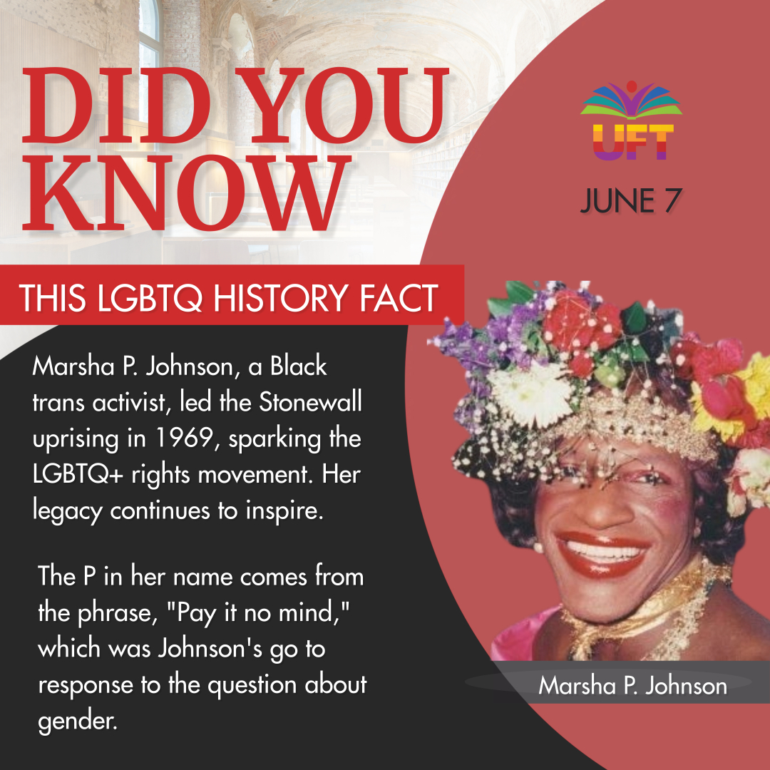 PrideUft's tweet photo. Marsha P. Johnson, a Black transgender activist, was at the forefront of the Stonewall uprising in 1969, the start of the fight for LGBTQ rights. Her middle initial comes from the phrase, "Pay it no mind," which was her go-to response about gender.#LGBTQHistory #Stonewall https://t.co/ukcTvK3XQB