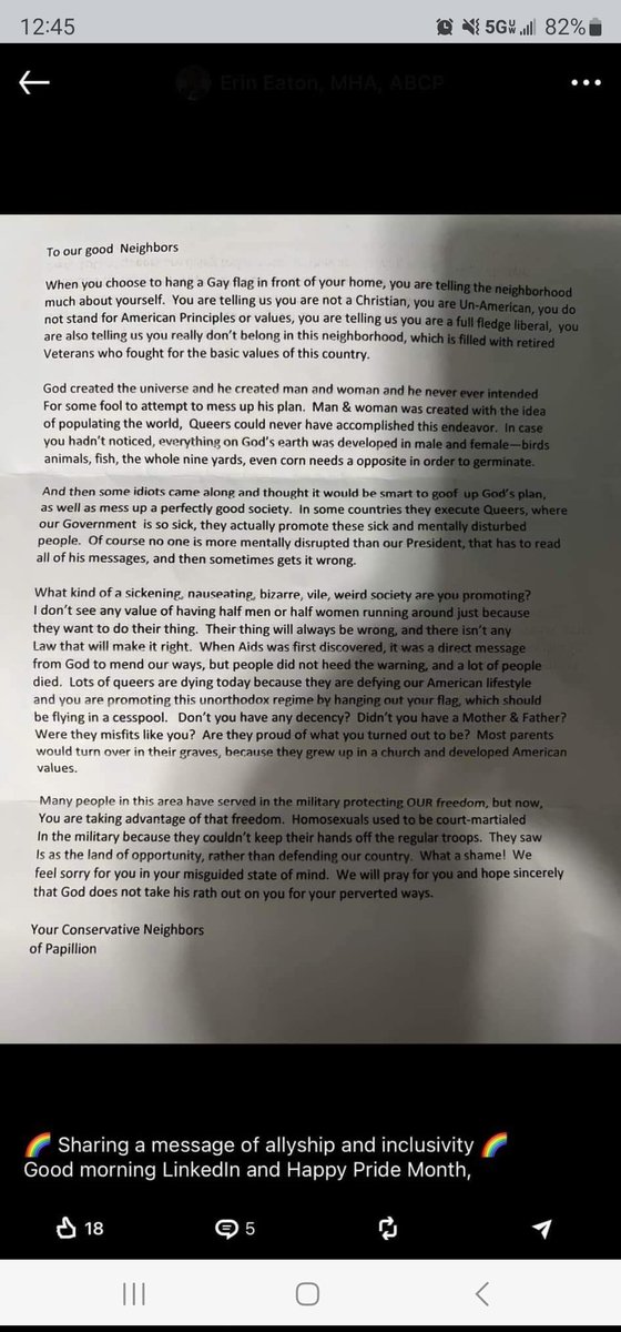 TimTrudell2's tweet image. This letter was left by neighbors so brave they refused to sign their names. This happened in Papillion, Nebraska, because a couple had the &quot;audacity&quot; to fly a Pride flag.

#nohate