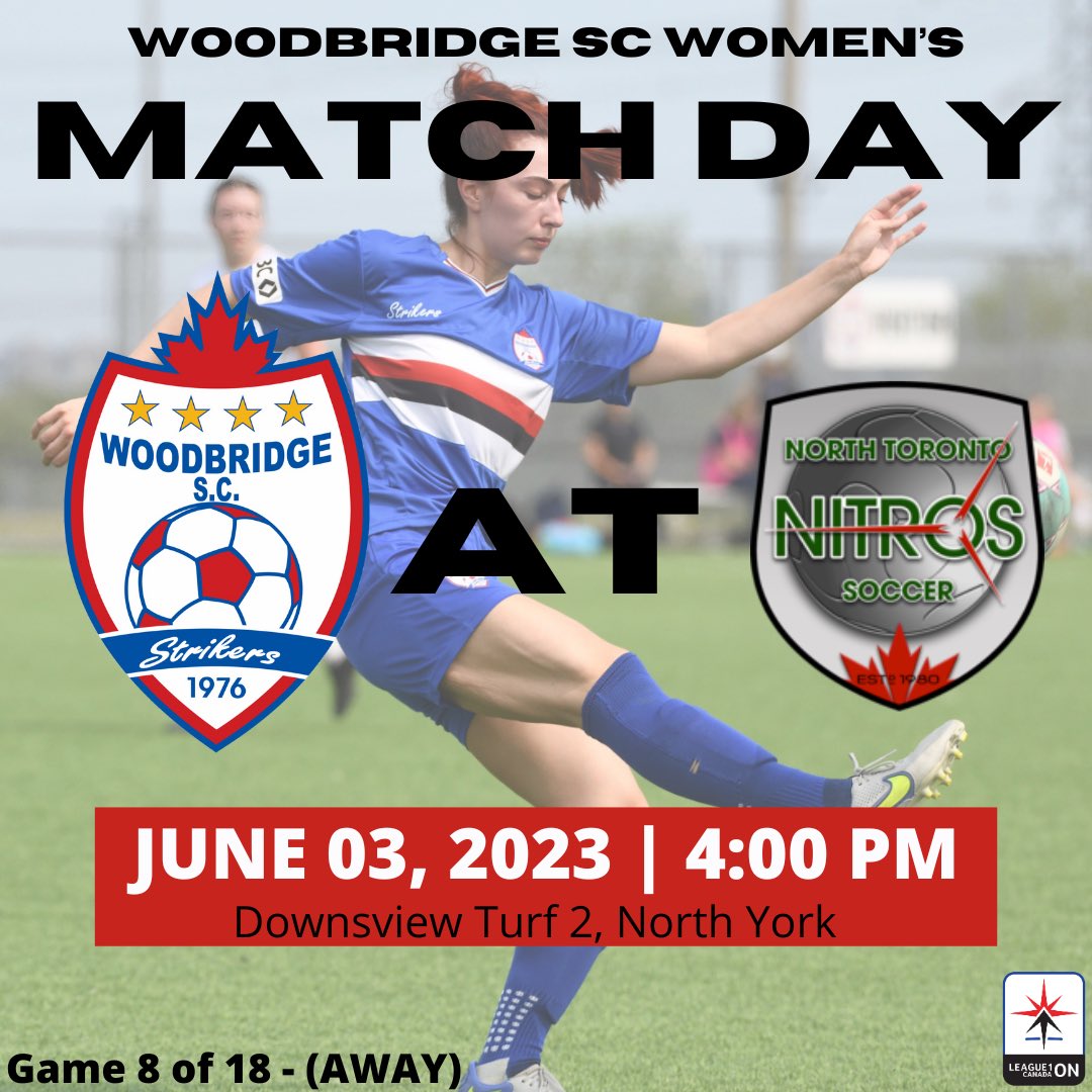 We are back on the road for a @WSCStrikers @L1OWomens MATCH DAY, in an afternoon contest, in the “6” looking to keep the winning streak alive❗️ 

⏰: 4:00 PM
🆚: North Toronto Nitros (@NT_SoccerClub) 
🏟: Downsview Turf 2, North York 
#️⃣: #TheBridge