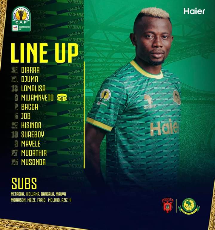 BoiplusMedia's tweet photo. Kikosi cha @yanga dhidi ya @USMAofficiel  kwenye mchezo wa Fainali ya Kombe la Shirikisho Afrika.

Kila la kheri @yangasc1935  
#BoiplusTV #UpdatesGuarantee 
@BoiplusMedia https://t.co/sRQfmomOBU