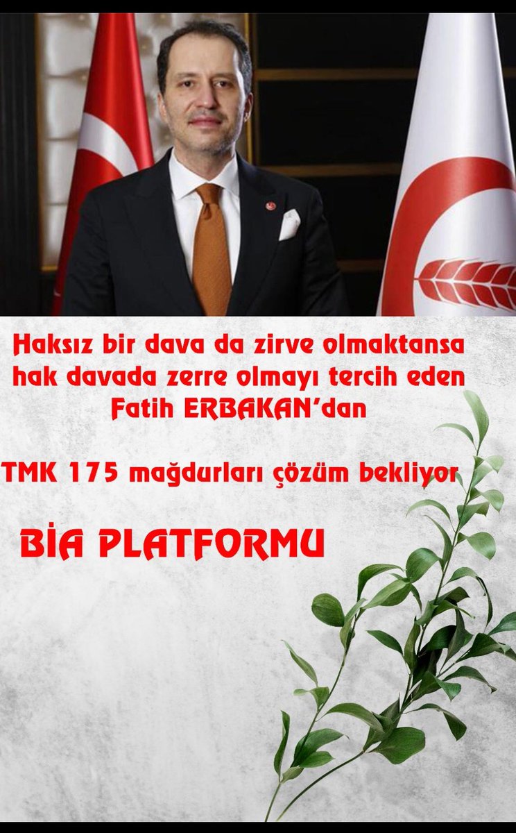 Sayın Fatih Erbakan
1988 de Aileye vurulan ilk darbeyle 35 yıldır yaşanan zulüm
#SüresizNafaka ya adil ve SÜRELİ düzenleme istiyoruz.
Mesele nafaka değil TMK 175 deki SÜRESİZ ibaresidir.
Yerli ve Milli yasalar istiyoruz
@ErbakanFatih
<a href="/rprefahpartisi/">Yeniden Refah Partisi</a>
#BoşanmaRezilligi