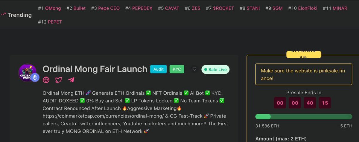 $OMONG NOW TRENDING #1 ON PINKSALE ⚪️ SALES WILL CLOSE TODAY AT 18:45PM UTC 🟢 CMC ALREADY PRELISTED AND COINGECKO COMING! 🤯 FIRST CEX CONFIRMED AT JUNE! +150 CALL SUPPORTER WITH $OMONG 📈 BUY BEFORE IT WAS TOO LATE!! 🚀🚀 BUY NOW ON PINKSALE pinksale.finance/launchpad/0x4f…