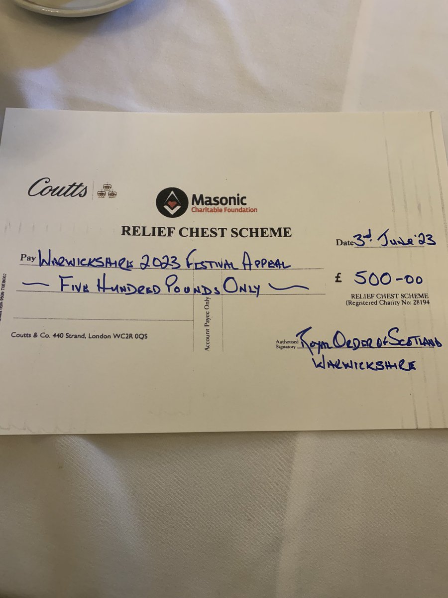 Delighted today to attend lunch with PGM of Royal Order of Scotland and gratefully received £500 for #warks2023festival Thanks to all for great support