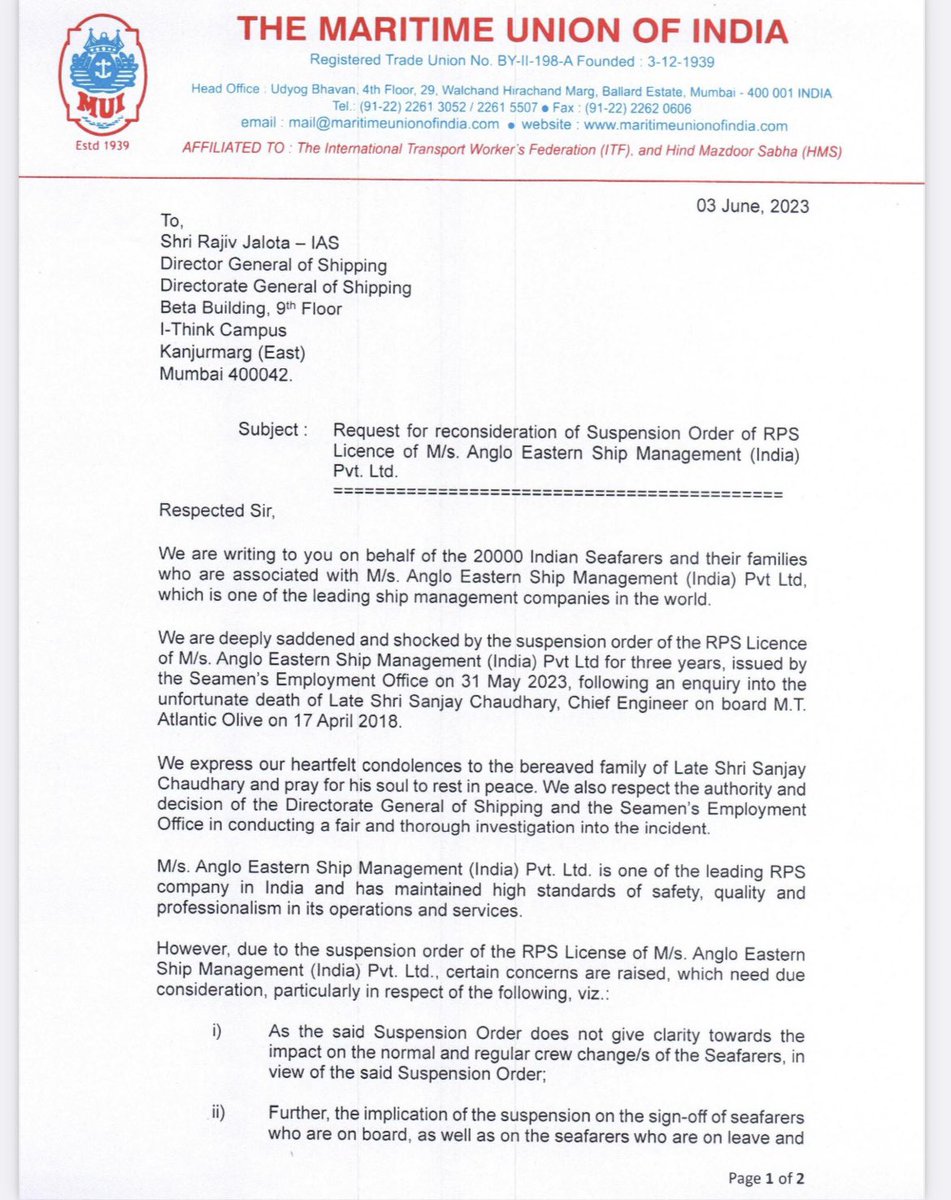 The Maritime Union of India (MUI) tweet media