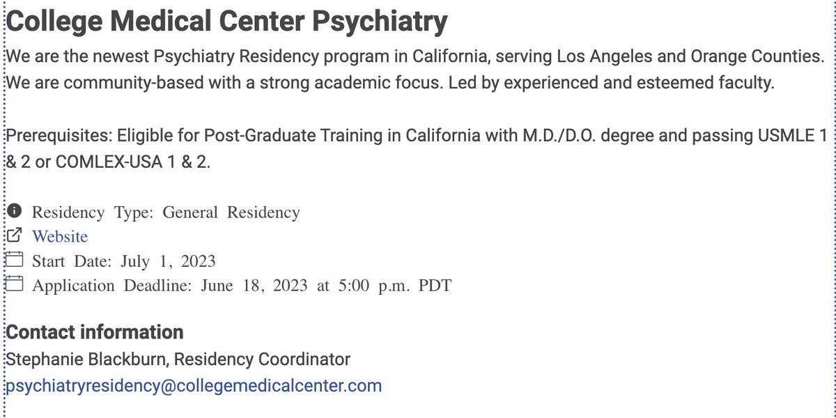 PGY-1 Psychiatry Residency Opening
College Medical Center Psychiatry LA and Orange County, CA
Website: cmcinternalmedicine.com/new%3A-psychia…
Community-based w/strong academic focus
Start Date: July 1, 2023
Application Deadline: June 18, 2023 at 5:00pm PDT
#InsideTheMatch