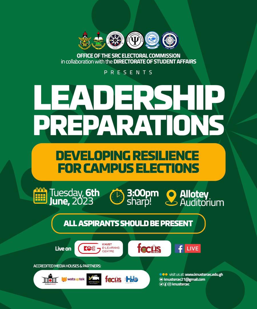 knust_src's tweet photo. The SRC Electoral Commission in collaboration with the Directorate of Student Affairs comes your way with a Leadership Preparations Seminar for all aspirants and interested persons📌 https://t.co/8wv3B9XbqM