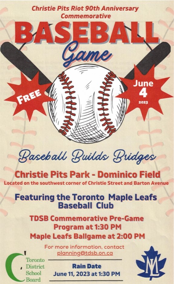 CBLMapleLeafs's tweet photo. For those who don't know: Tomorrow we will be commemorating the 90th anniversary of the Christie Pits Riots during our game against the Hamilton Cardinals. Pregame ceremonies start at 1:30. You don't want to miss it! https://t.co/MNiRiXObhw