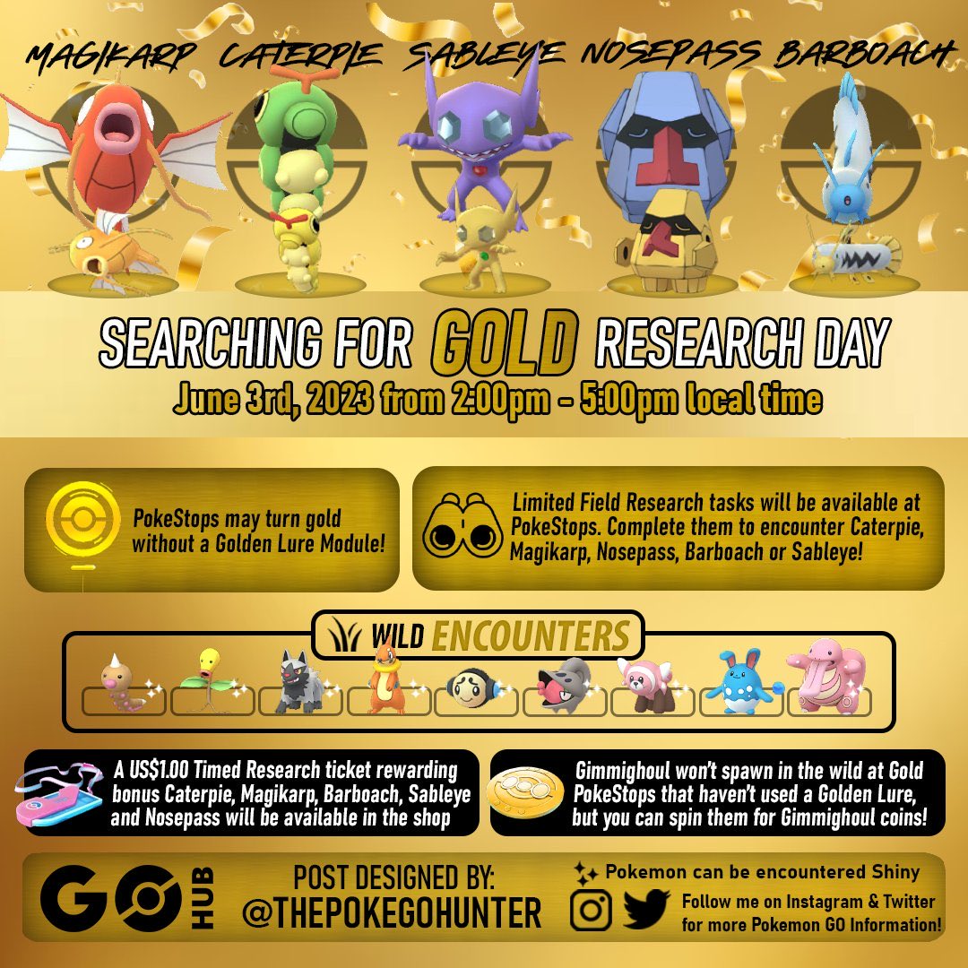 PoGOCentral on X: ✨ Searching for Gold Shiny Hunt ✨ A very golden Research  Day is about to start rolling out around the world! Keep in mind that the  1/10 shiny odds