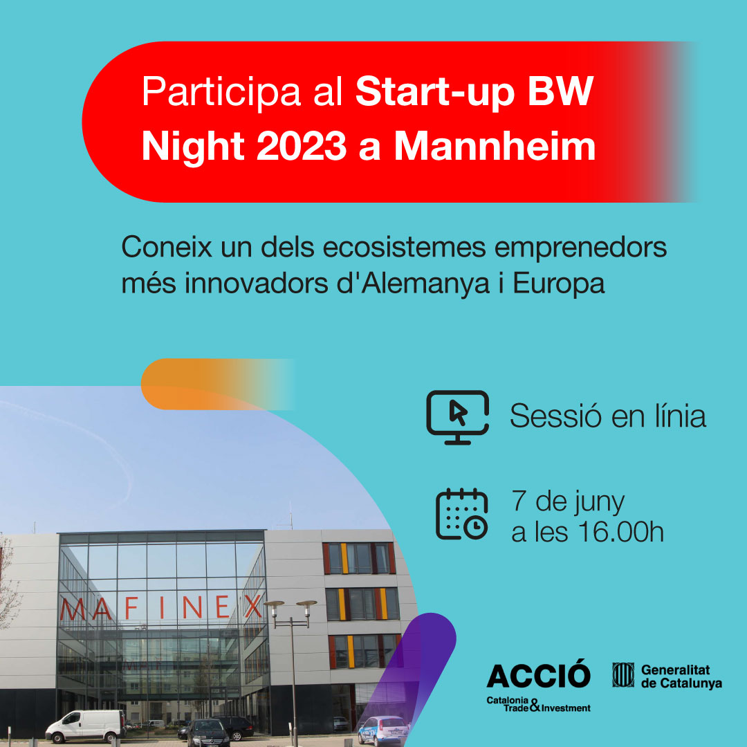 🚀 Ets una startup en fase inicial o #scaleup i vols conèixer millor un dels ecosistemes més innovadors d'#Alemanya? Aprofita l'oportunitat de participar a la missió a l'@Startup_BW Night a #Mannheim del 12 al 14 de juliol! 📆 7/6 ⏲ 16h 👉agenda.accio.gencat.cat/cercador/-/act… #StartupsCAT