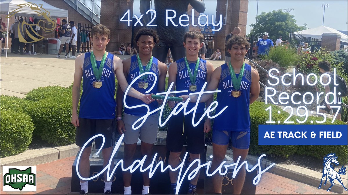 2023 4x2 State Champion Allen East Mustangs! Isen Schafer, Trey Hensley, Jackson Friesner &amp; Jacob Hershberger! They also set another school record, breaking their own mark set the day before w/ a time of 1:29:57.
<a href="/WOSNScores/">WOSN Sports</a>
<a href="/TonyTQuach/">Tony Quach</a>
<a href="/AllenEastTF/">Allen East Track & Field</a>
<a href="/DierkesTV/">Justin Dierkes</a>
<a href="/marathoner1984/">Mark Altstaetter</a>