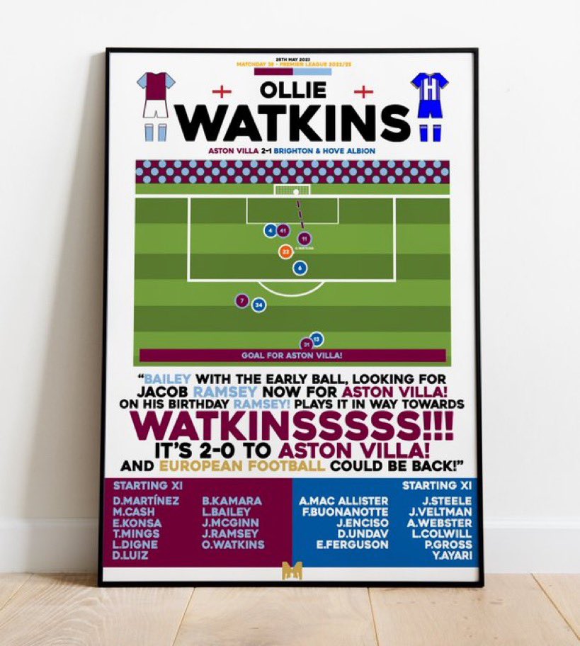 🚨FRAMED PRINT GIVEAWAY🚨

To Celebrate Villa’s European Football Qualification, MezzalaDesigns.co.uk are kindly giving away a A3 Framed Print of Ollie Watkins’ Winner v Brighton🟣🏴󠁧󠁢󠁥󠁮󠁧󠁿

To enter 👇

🔄 Retweet this tweet
🤝 Follow <a href="/theavfcfaithful/">𝗧𝗵𝗲 𝗔𝗩𝗙𝗖 𝗙𝗮𝗶𝘁𝗵𝗳𝘂𝗹 | 𝕏</a> &amp; <a href="/MezzalaDesigns/">𝗠𝗲𝘇𝘇𝗮𝗹𝗮</a> 

#AVFC