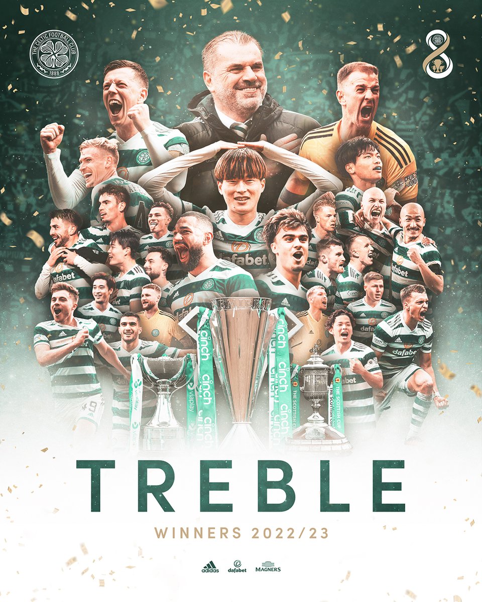 🏆🏆🏆🏆 1966/67
🏆🏆🏆 1968/69
🏆🏆🏆 2000/01
🏆🏆🏆 2016/17
🏆🏆🏆 2017/18
🏆🏆🏆 2018/19
🏆🏆🏆 2019/20
🏆🏆🏆 2022/23

A world record EIGHT domestic Trebles for #CelticFC! 🥇🍀