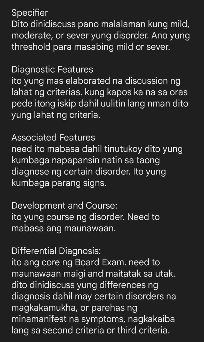 DSM 5 reading tips

I will not use the letters of criteria dahil nagvavary sya sa disorders. May ibang disorder na madaming criteria, may iba na 4 lang. Pero, laging stated sa criteria A is yung Symptoms and sa last criteria is yung exclusionary diagnosis. Hindi ito nababago.