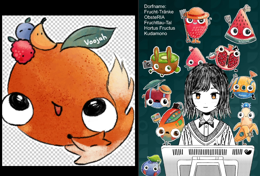 Schaut mal!! *w* Ich wurde von <a href="/Hiveria_art/">Hiveria_art 🐦 DEBUT 22.11.2025</a> als Früchtchen gemalt! QwQ Das Ergebnis ist meega niedlich.~ Jede Dorf-Frucht hat eine Aufgabe &amp; ich wurde die Erzieher-Frucht. 🦊🍊 #GERVtuber #Vtuber #streamerDE #VtuberDe