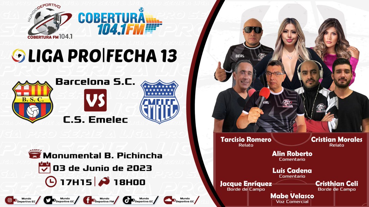 MundoDeporEC's tweet photo. Continuamos con el #ClasicoDelAstillero 

@BarcelonaSC vs @CSEmelec 

🎙 @TarcisioRomero - @PolloMoralesEC
📖 @alinroberto - @LRCadena
🏟 @cceli82 - @jacqueenriquez5 (Desde Guayaquil) 
🎤 @mabe_velasco https://t.co/Lgrw13MpWX