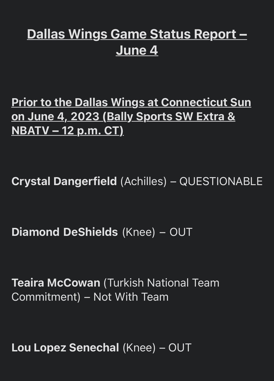 Lila Bromberg on Twitter "Here’s the injury report for the Dallas
